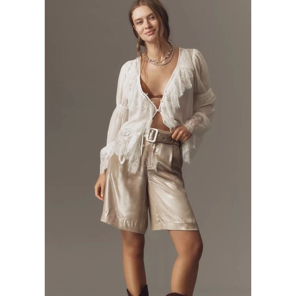 NWT Anthropologie Liquid Shine Bermuda Shorts Womens 6 Metallic Gold High Rise